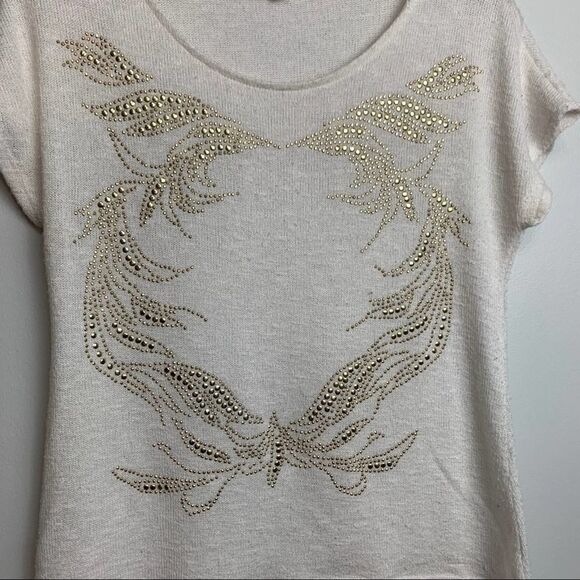 Mandee Solid White & Gold High Low Short Sleeve Blouse Beaded Round Neck size M - Picture 5 of 8